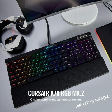 Corsair K70 RGB MK.2 Clavier Mécanique Gaming Cherry MX Red Lisse et rapide, Rétro-Éclairage RGB Multicolore, AZERTY FR Layout) - Noir – Bild 2